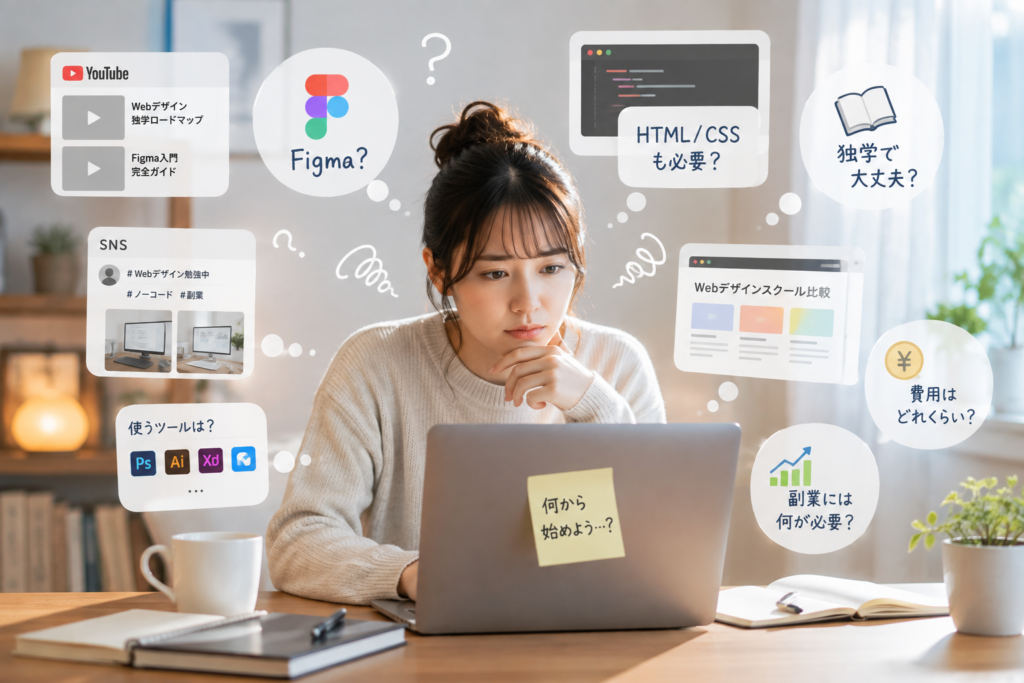 Webデザイン学習について、Figma・HTML/CSS・独学・副業など何から始めればよいか迷っている様子